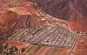 Aerial view of Blue Star Mobile Home Park, 12401 Filmore St., San Fernando. Verdugo Hills in background. Postmarked December 11, 1966.